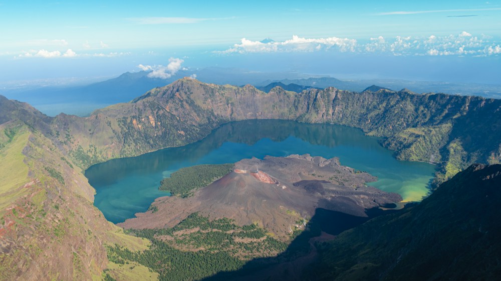 Crater lake surrounded by the mountains of Lombok
